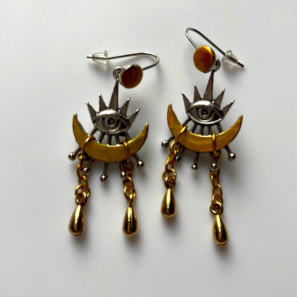 Crying Eye Moon Gold Tear OOAK dangle earrings Silver 2+ 20% off 3+ ship free - Picture 3 of 4